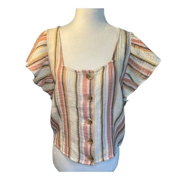 American Eagle Button Down Shirt Pastel Stripe Gauzy Knit Flutter Short Sleeve C - Picture 1 of 9